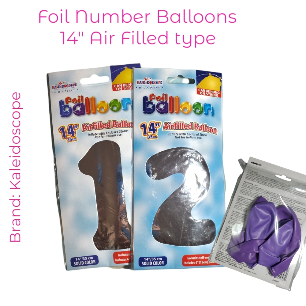 NEW Foil Balloons #1 #2- Air filled 14"- Silver-Party Balloon with 5 purple